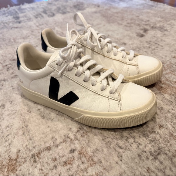 Veja Campo White and Black Leather Sneakers - Picture 2 of 8